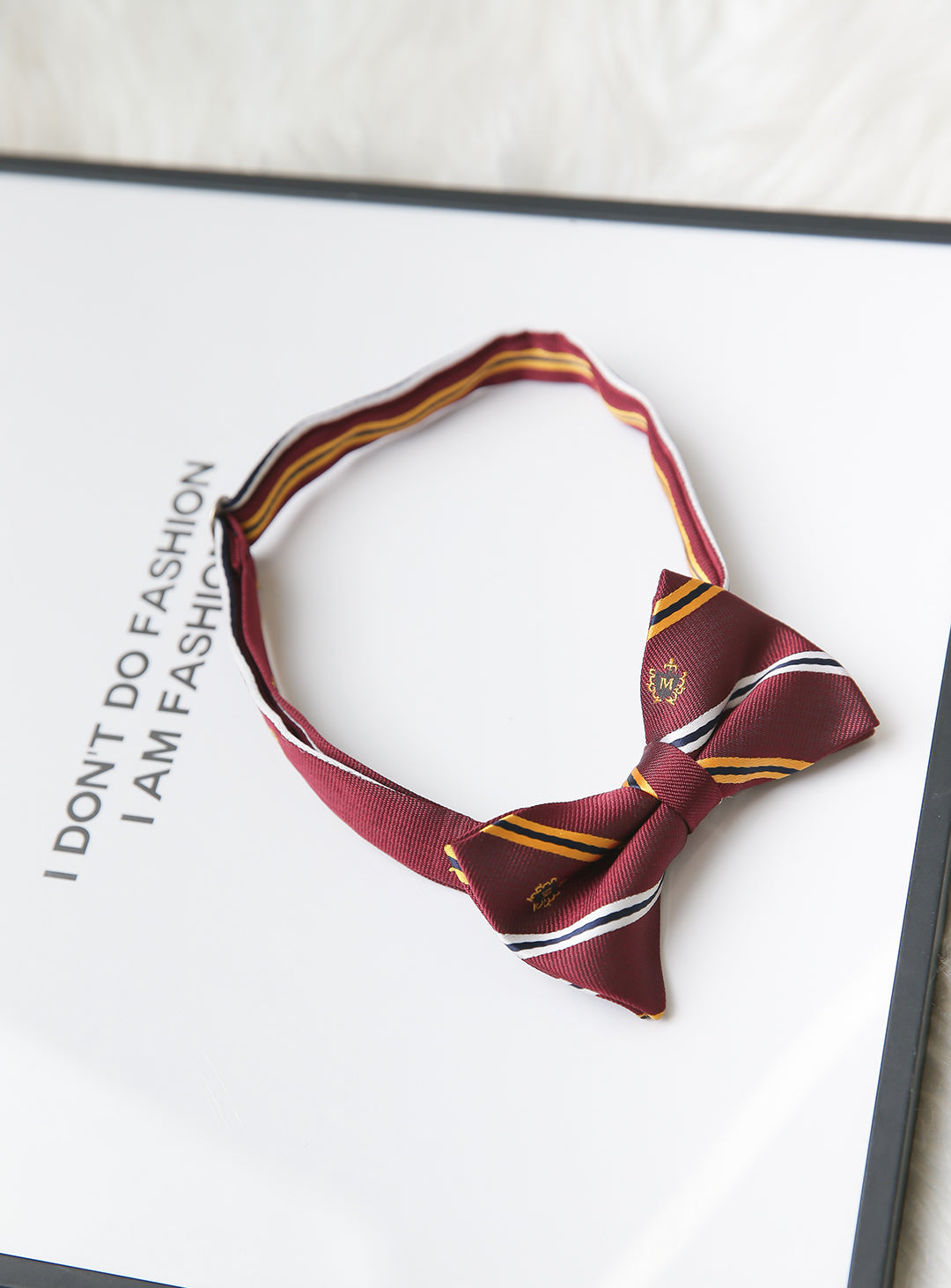 Wine red × yellow × white regimented stripe bow tie