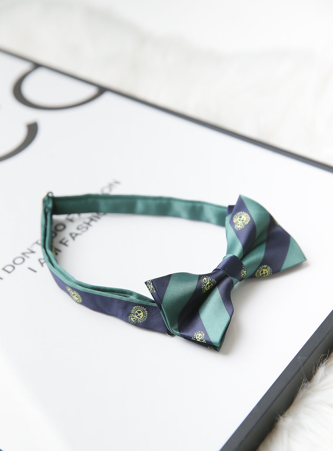 Green and navy regimented stripe bow tie