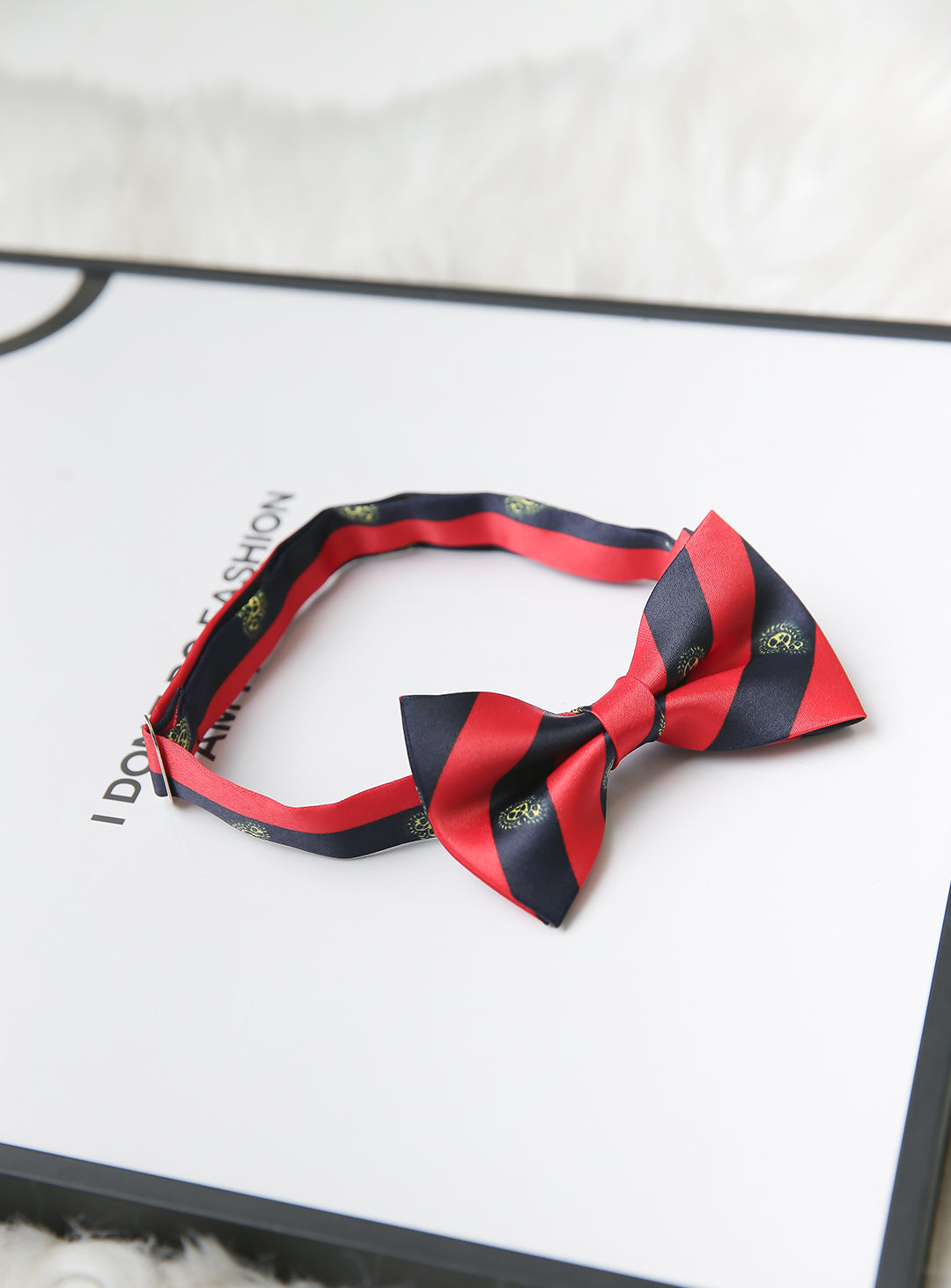 Red and navy regimented stripe bow tie