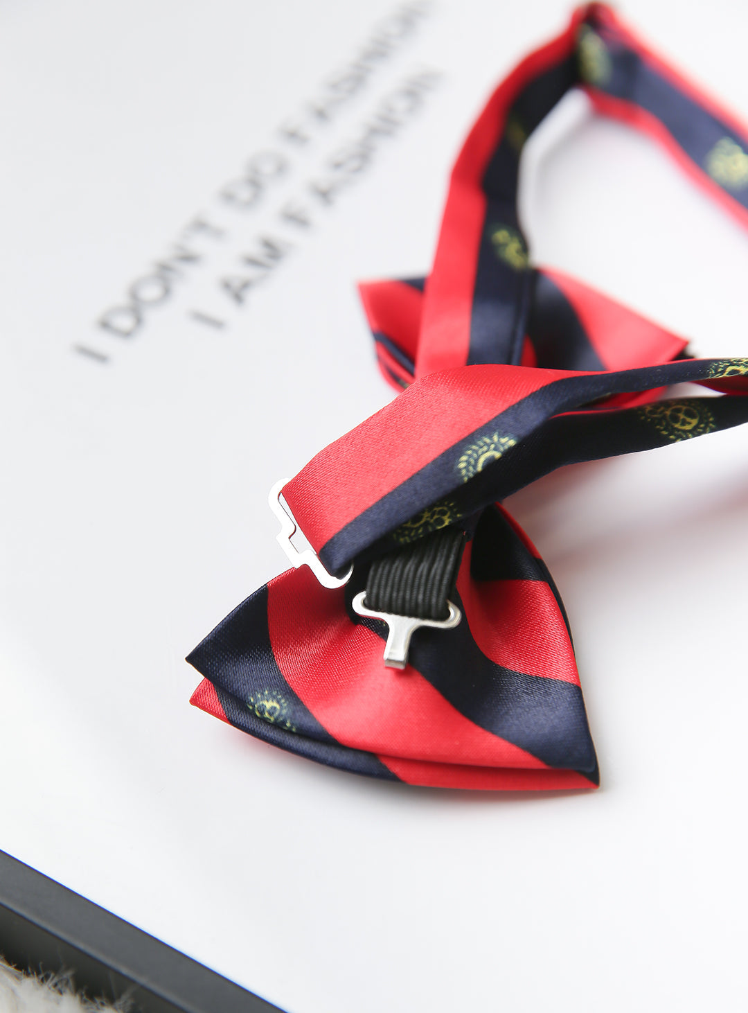 Red and navy regimented stripe bow tie