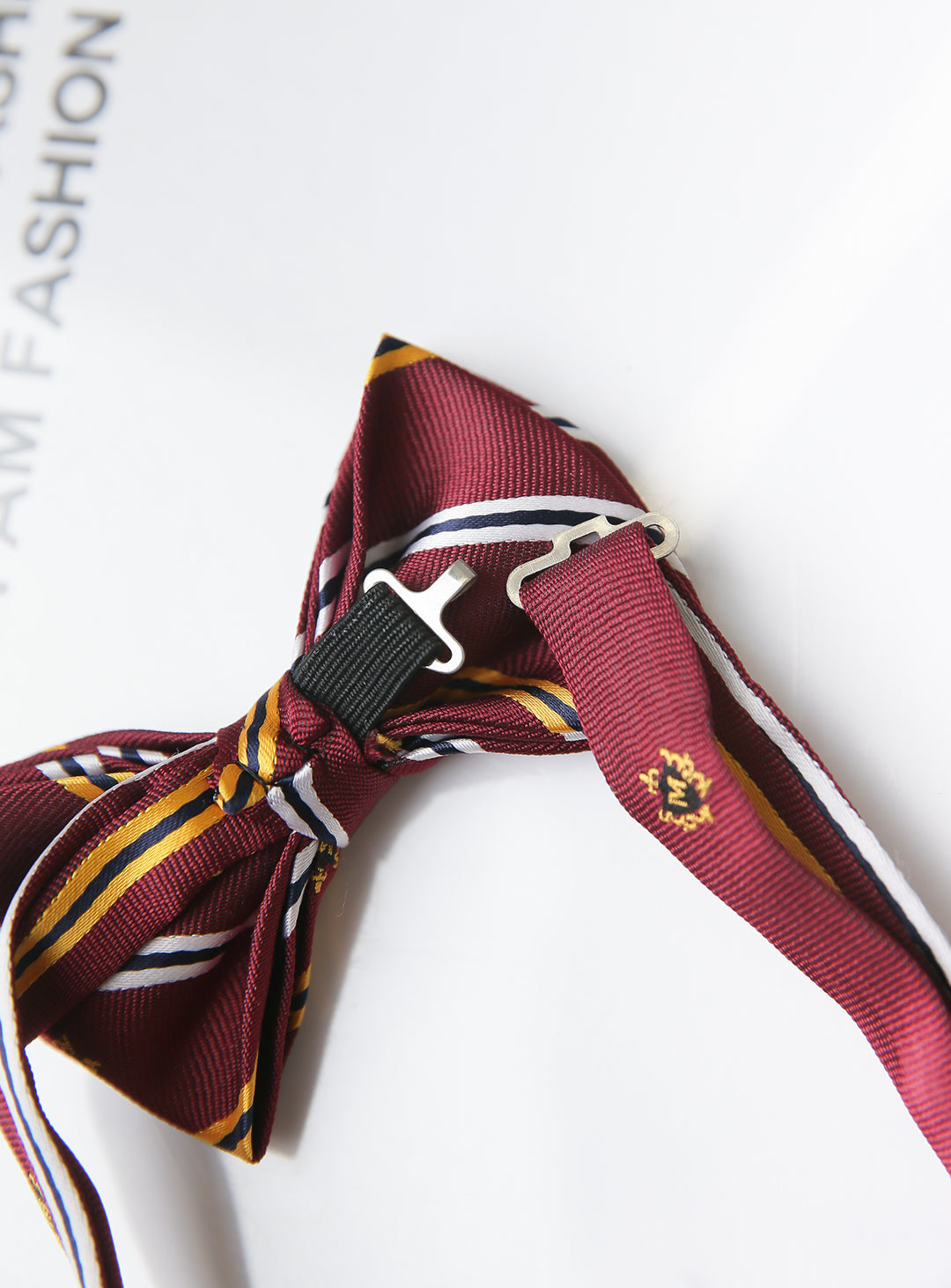 Wine red × yellow × white regimented stripe bow tie