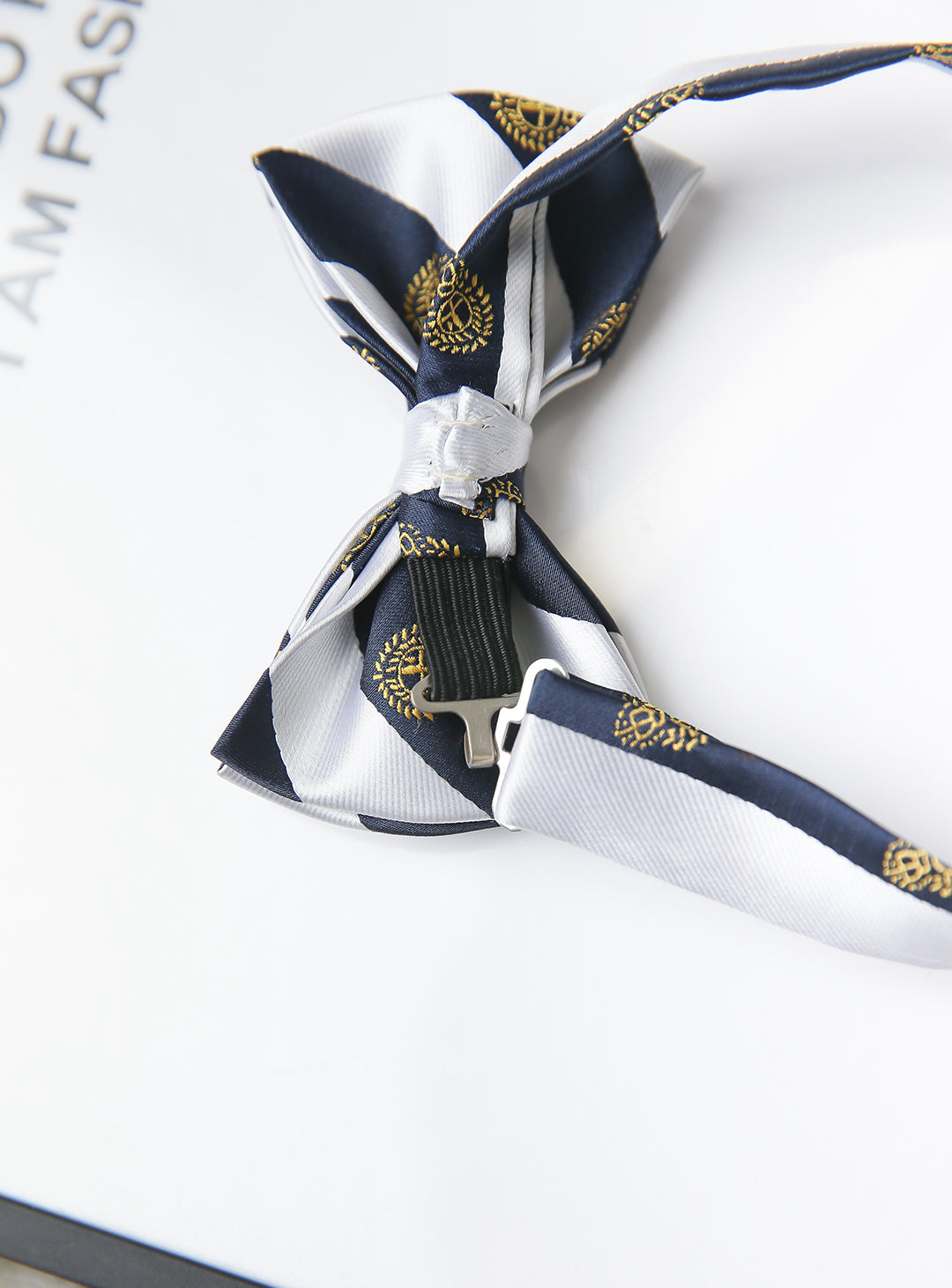 White and navy regimented stripe bow tie