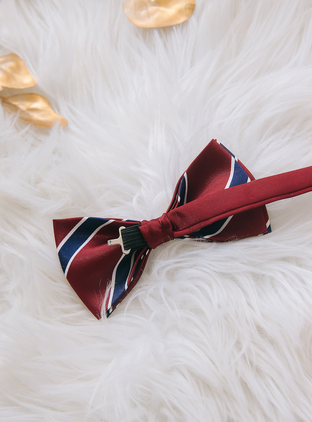 Wine red and navy regiment stripe bow tie