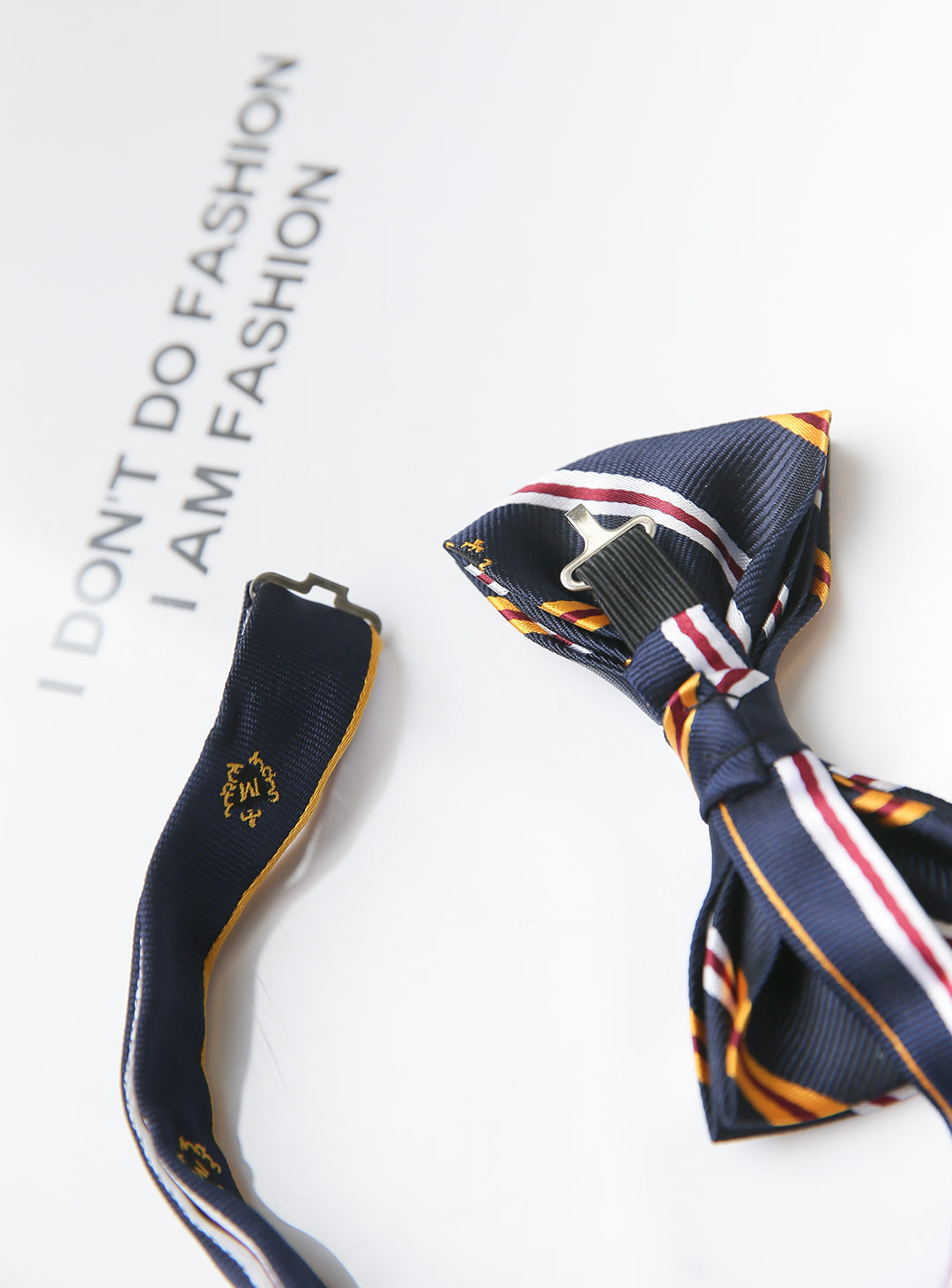 Navy, yellow and white regimented stripe bow tie