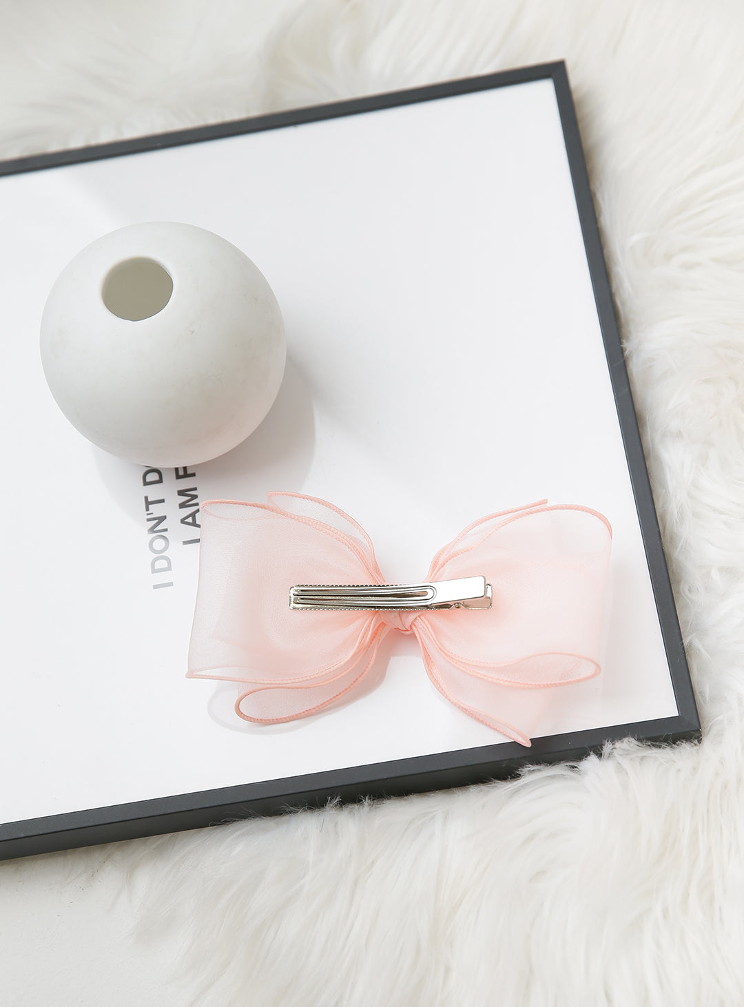 Volume chiffon triple bow hairpin (peach pink)