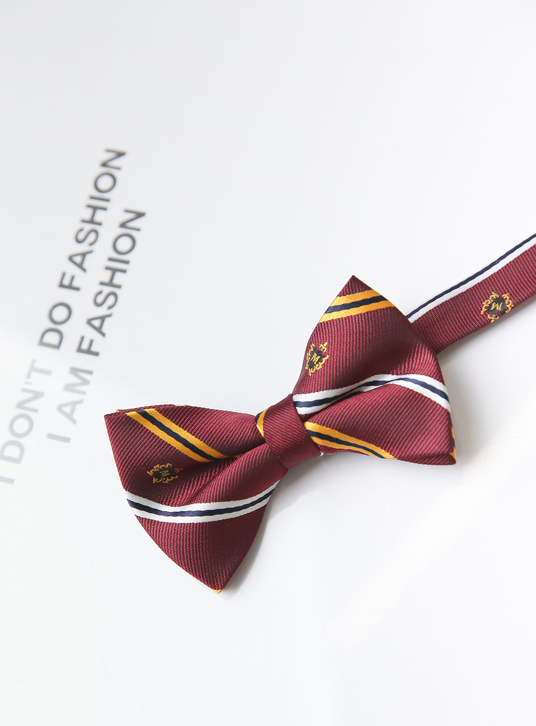 Wine red × yellow × white regimented stripe bow tie