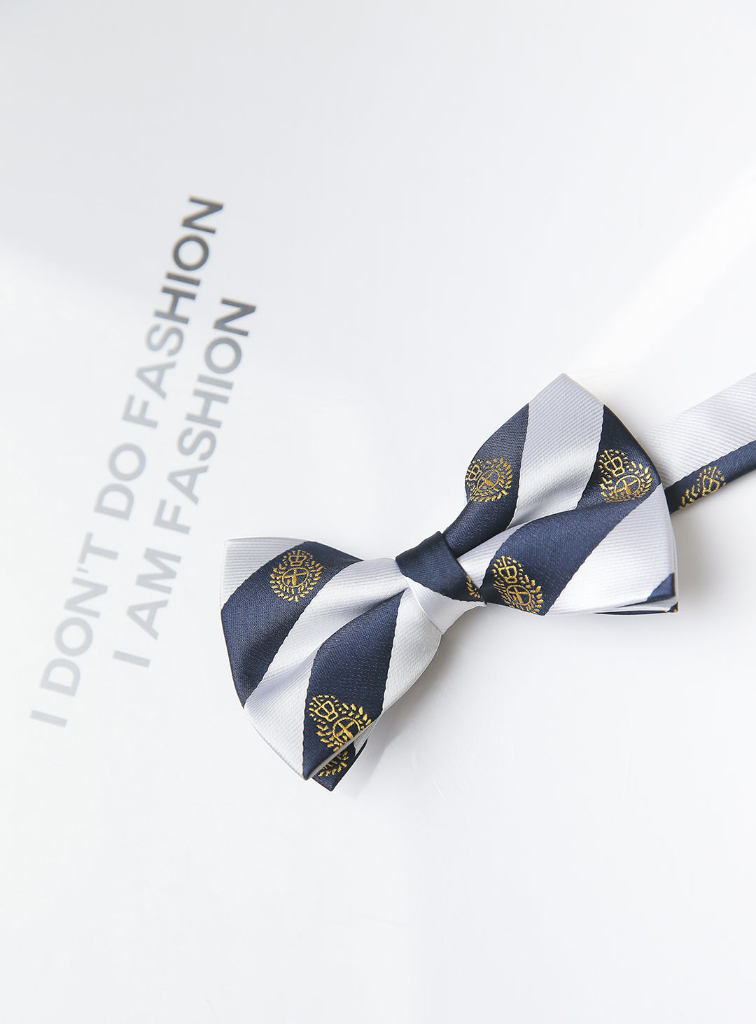 White and navy regimented stripe bow tie