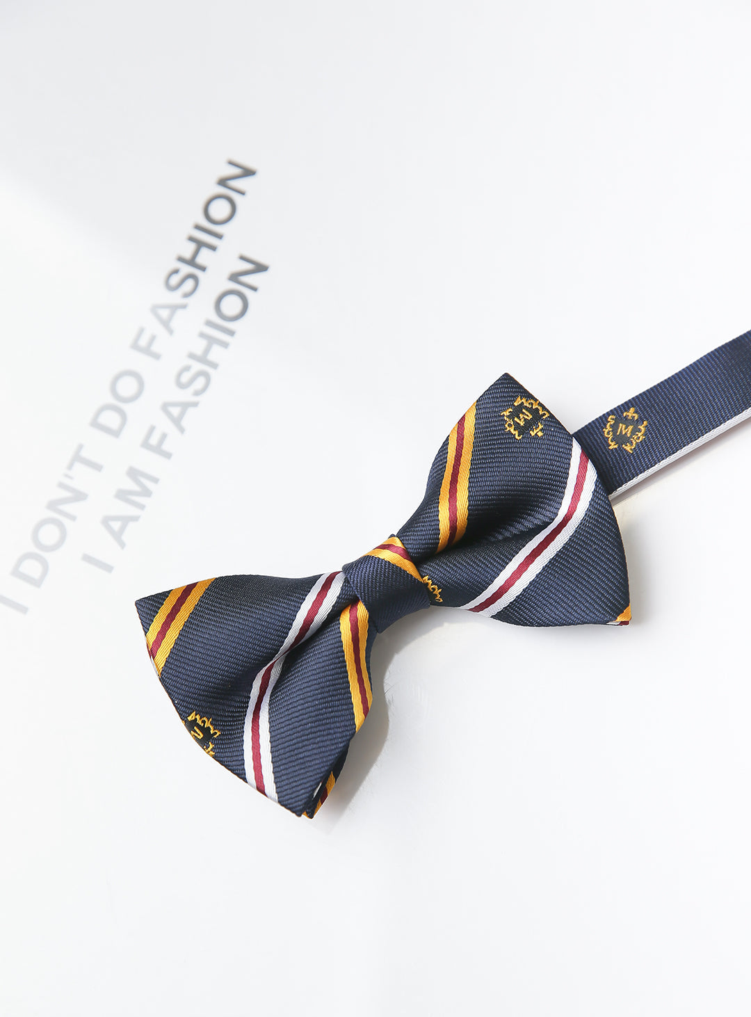 Navy, yellow and white regimented stripe bow tie