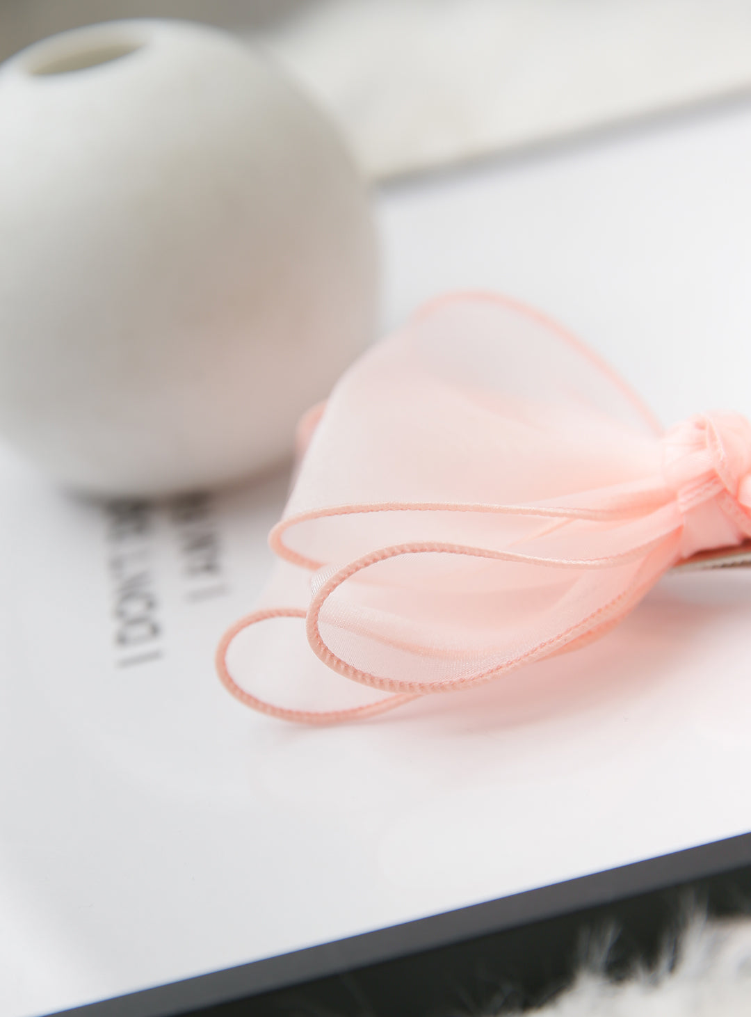 Volume chiffon triple bow hairpin (peach pink)