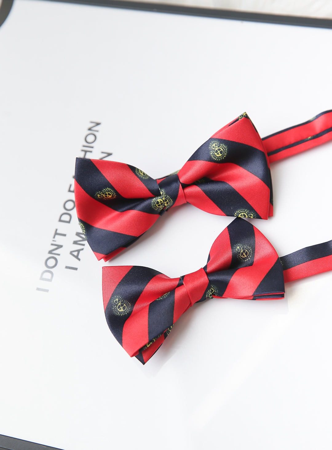 Red and navy regimented stripe bow tie