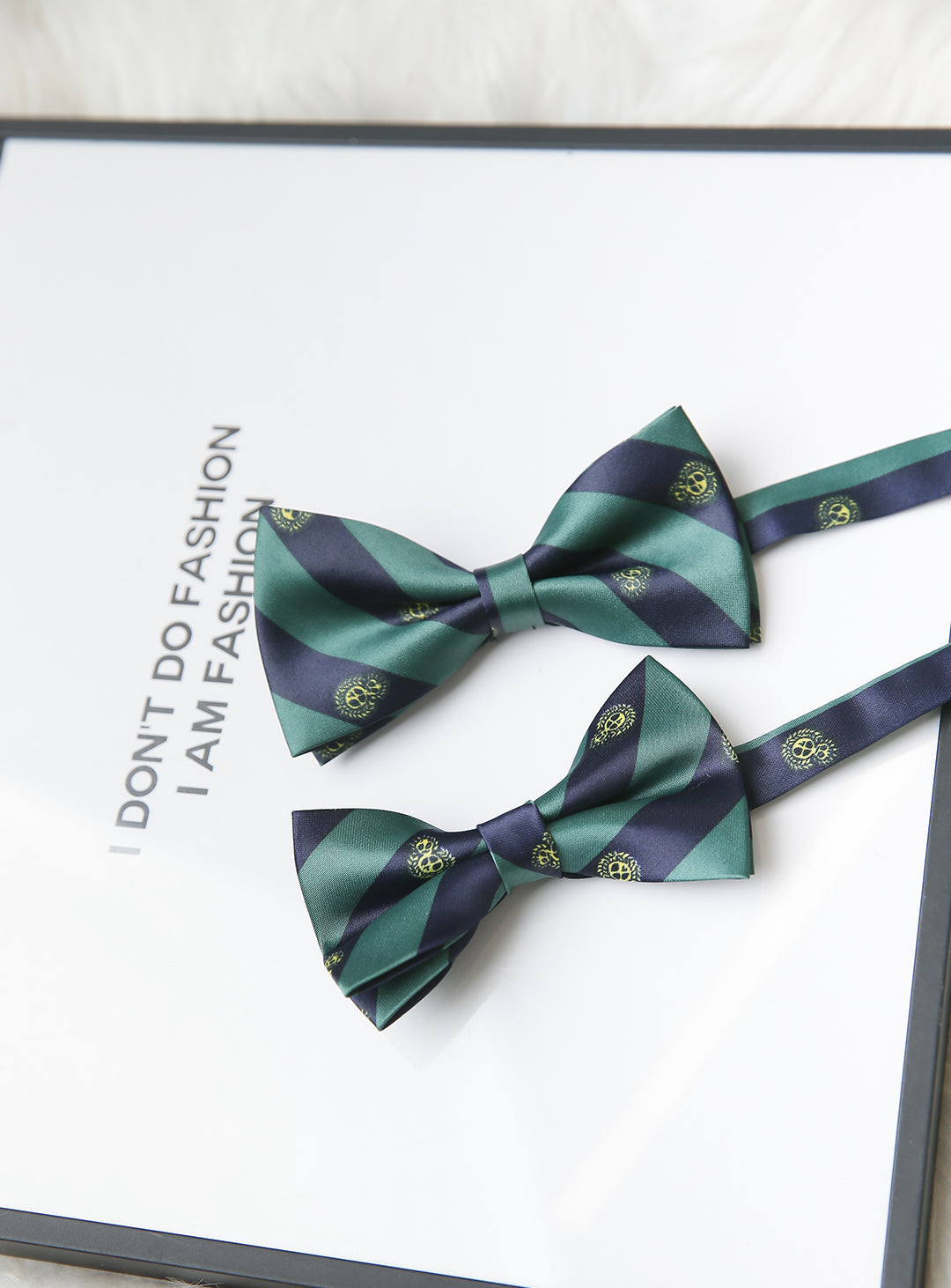 Green and navy regimented stripe bow tie