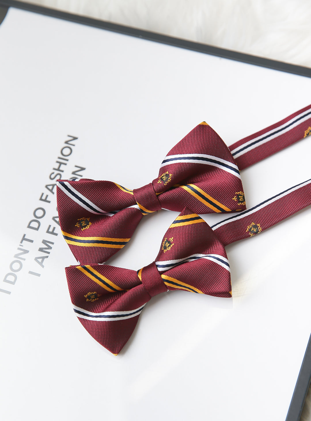 Wine red × yellow × white regimented stripe bow tie