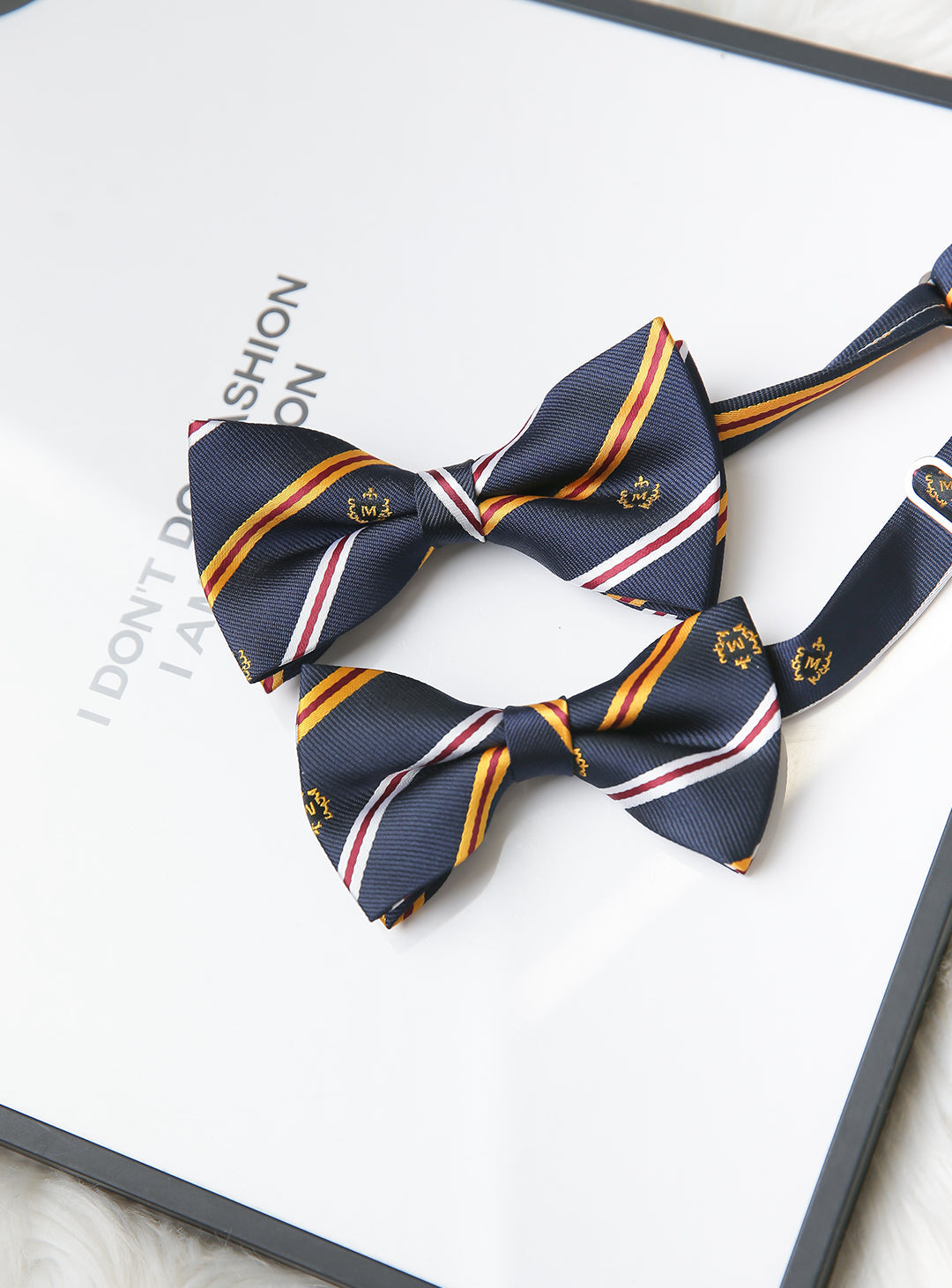 Navy, yellow and white regimented stripe bow tie