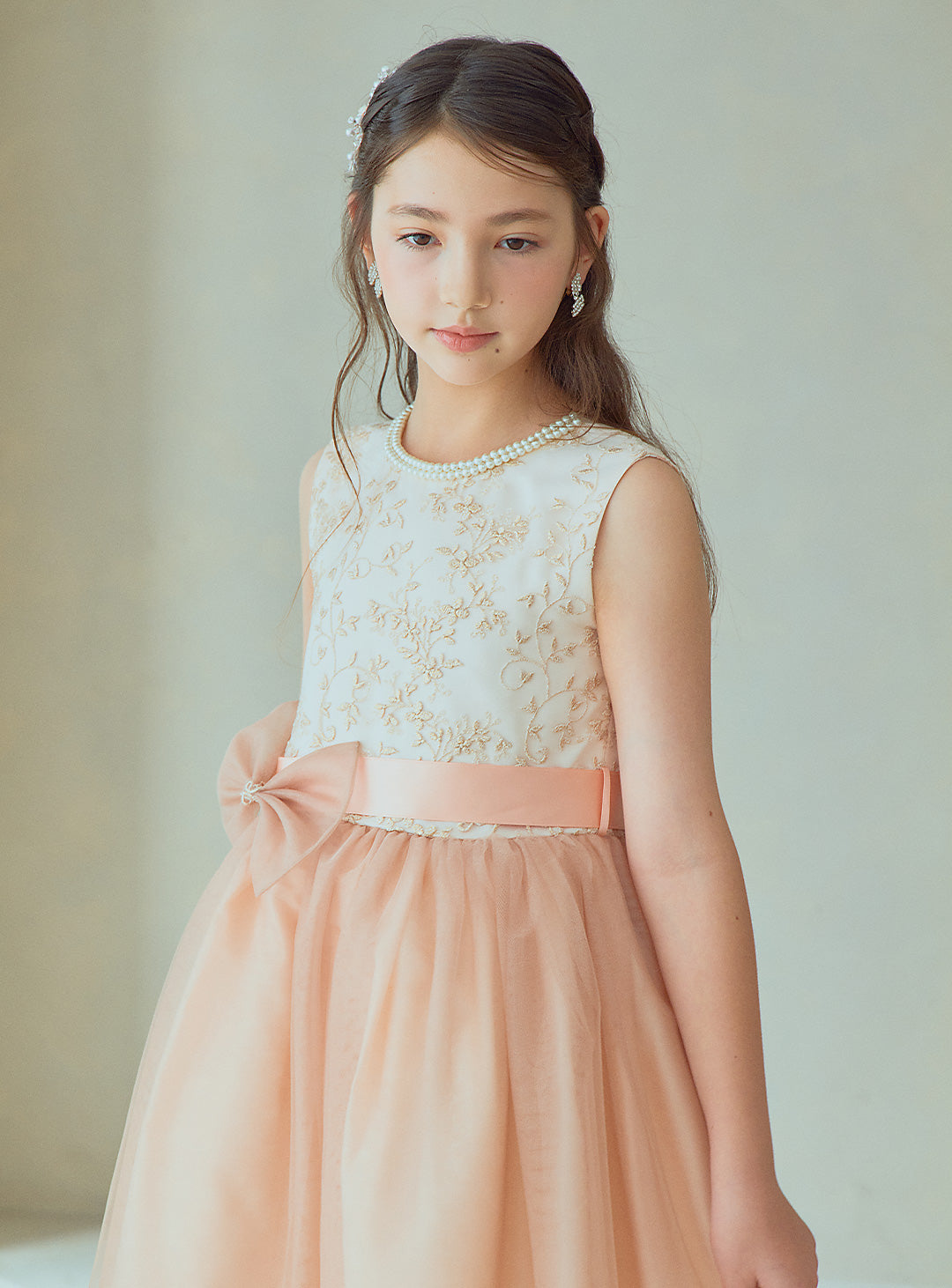 D-SU-175-ツーラインパールピンクベージュロングドレス