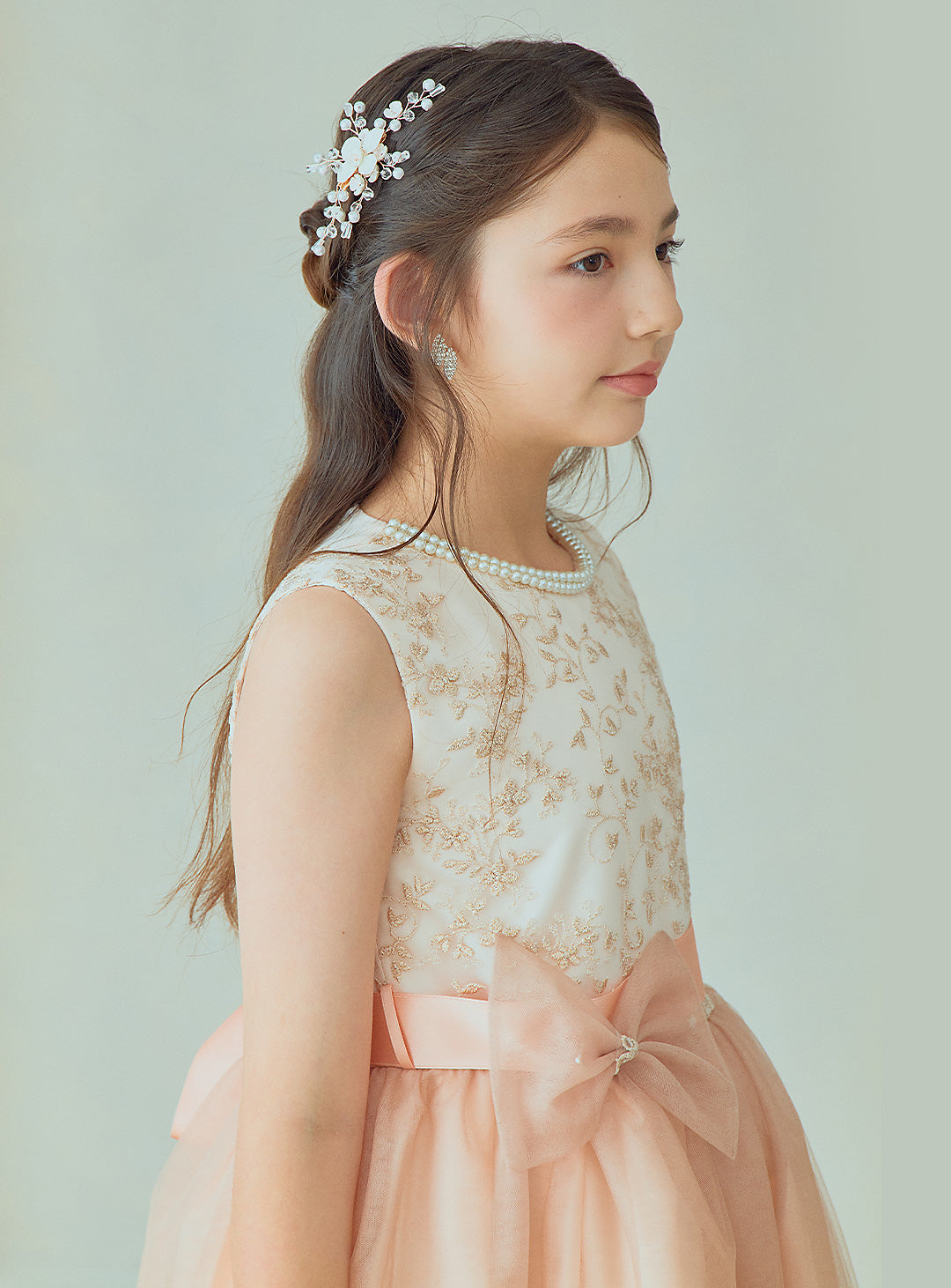 D-SU-175-ツーラインパールピンクベージュロングドレス