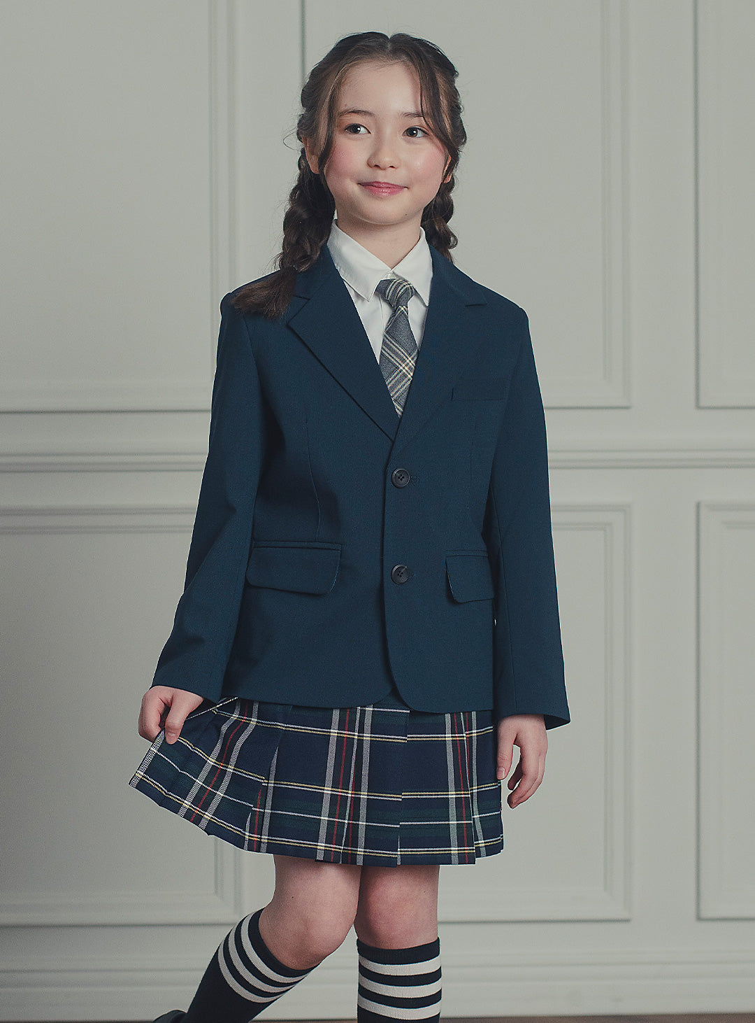 エマネイビーウール混ジャケットチェックスカート2ピースセット(ジャケット、スカート)