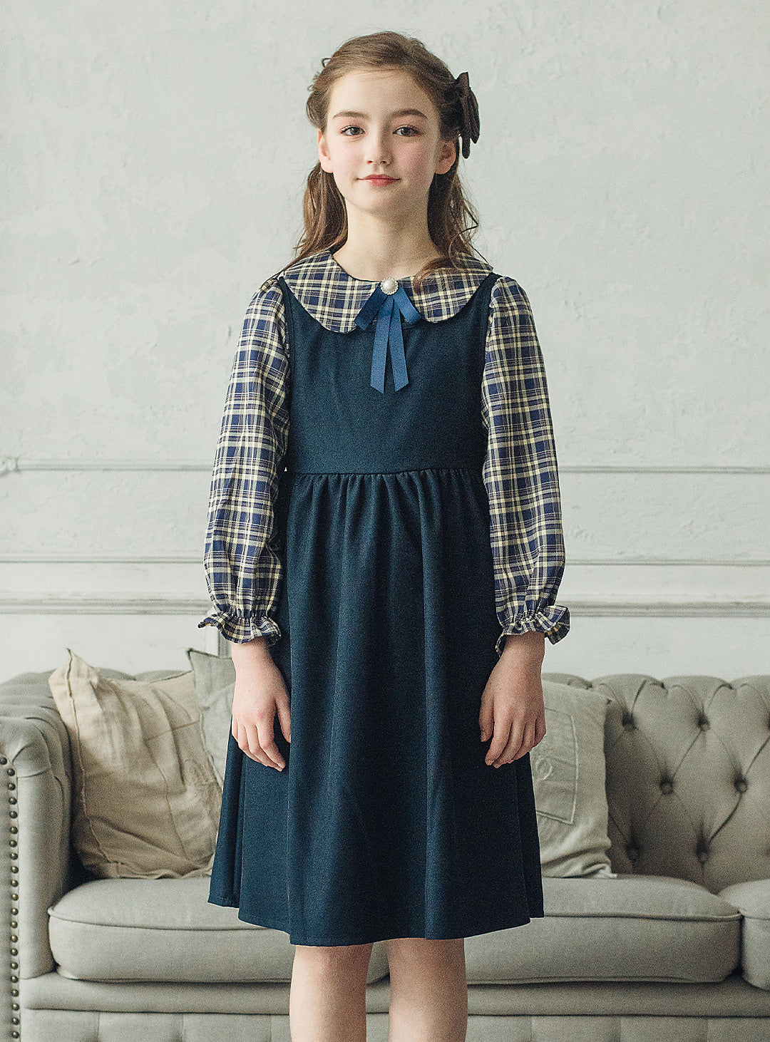 チェックブラウス×ジャンパースカートセットアップ