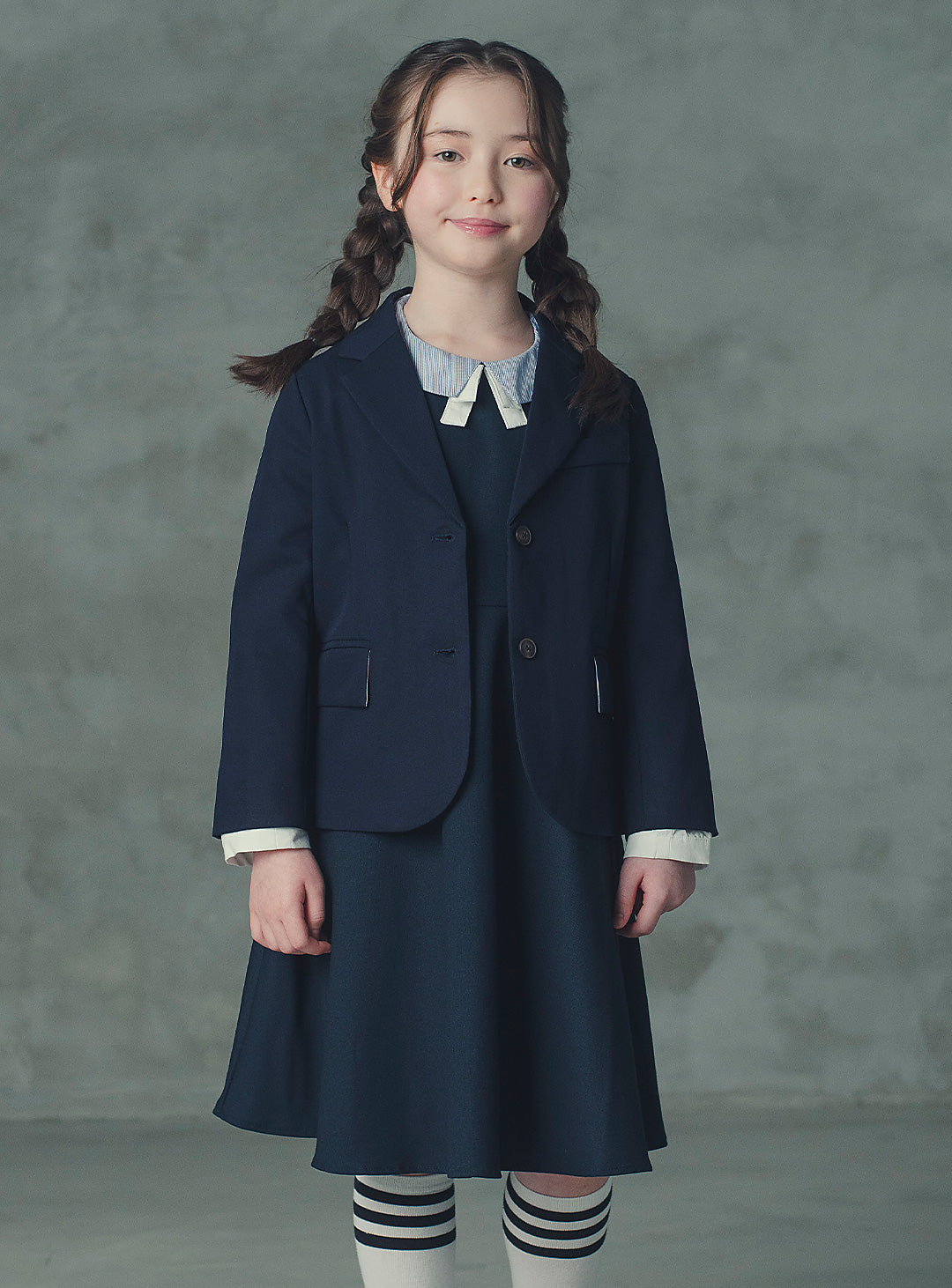 モーブネイビーシングルジャケット＋ネイビーバイカラーフェイクワンピース