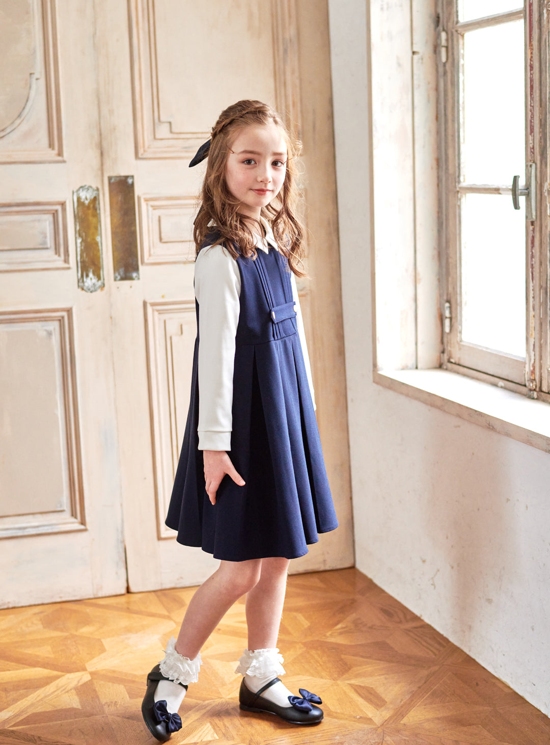 K9095 - Navy and white faux layered dress