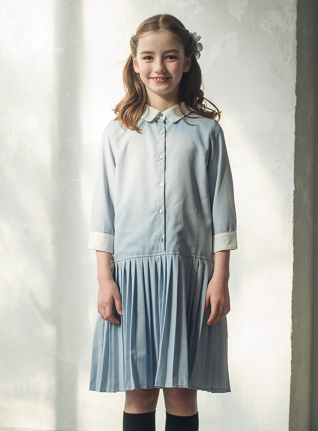 ブルーグレープリーツシャツワンピース