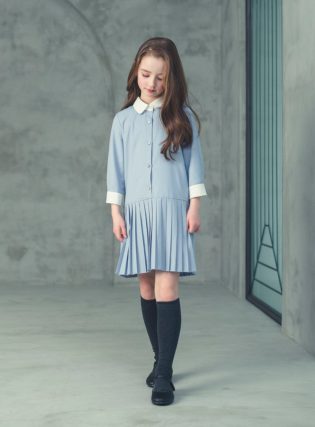 K117-blue-gray pleated dress