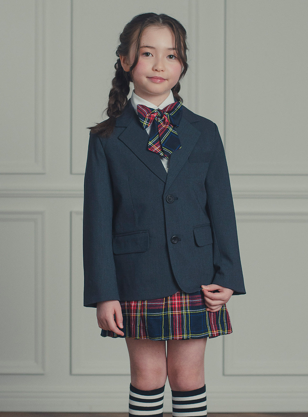 アメリアチャコールウールジャケットレッドチェックスカート2ピースセット(ジャケット、スカート)