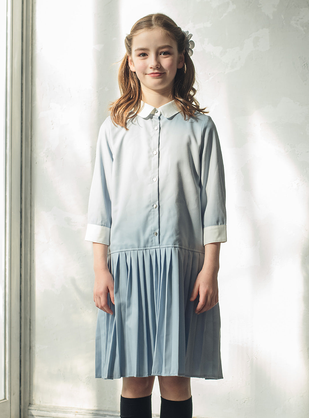 ブルーグレープリーツシャツワンピース