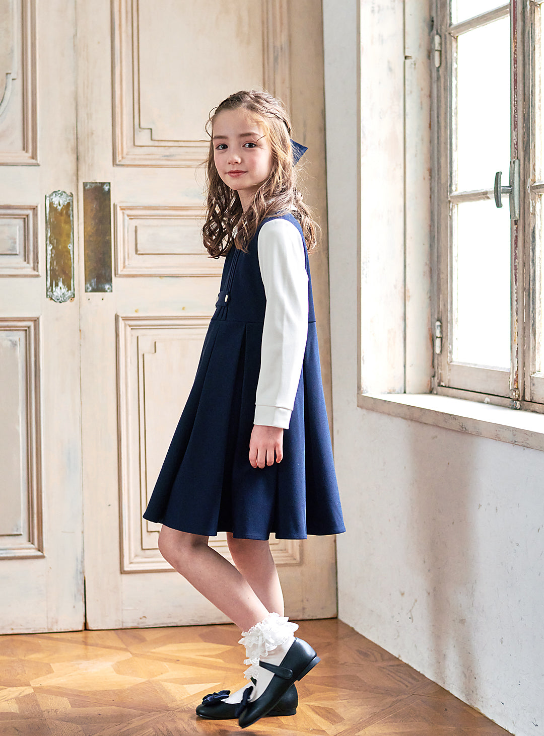 K9095 - Navy and white faux layered dress