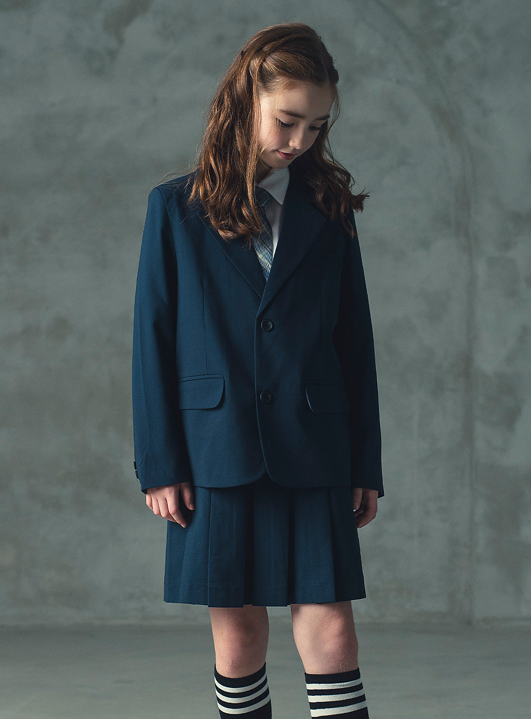 エマネイビーウール混ジャケットプリーツスカート2ピースセット(ジャケット、スカート)