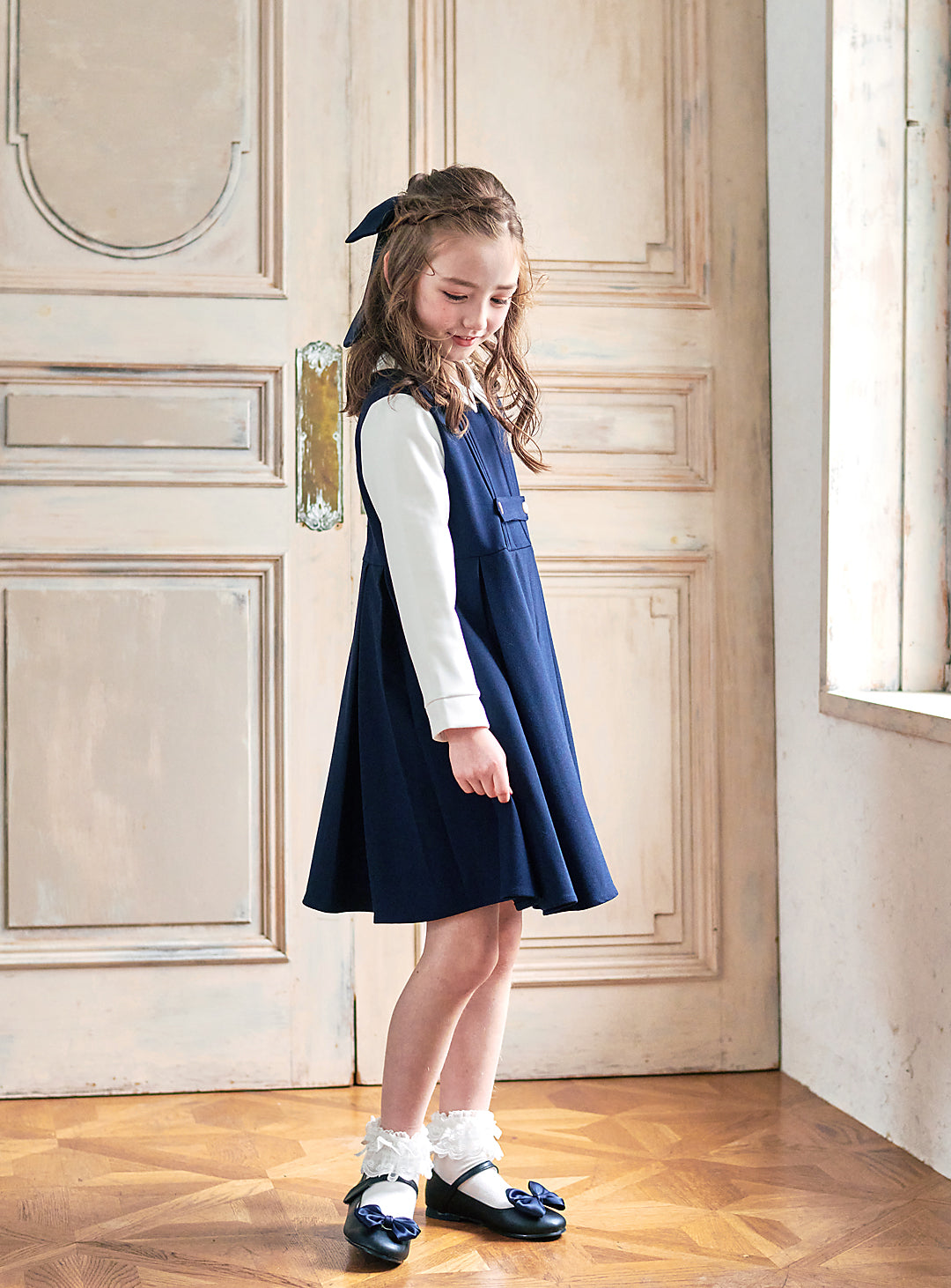 K9095 - Navy and white faux layered dress