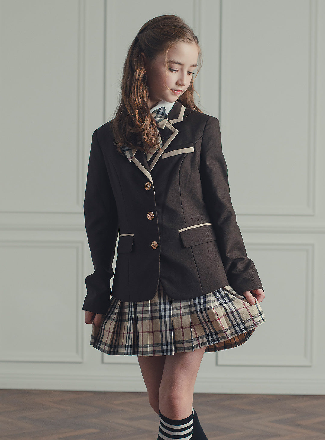 セリーナブラウンパイピングジャケットチェックプリーツスカート2ピースセット(ジャケット、スカート)
