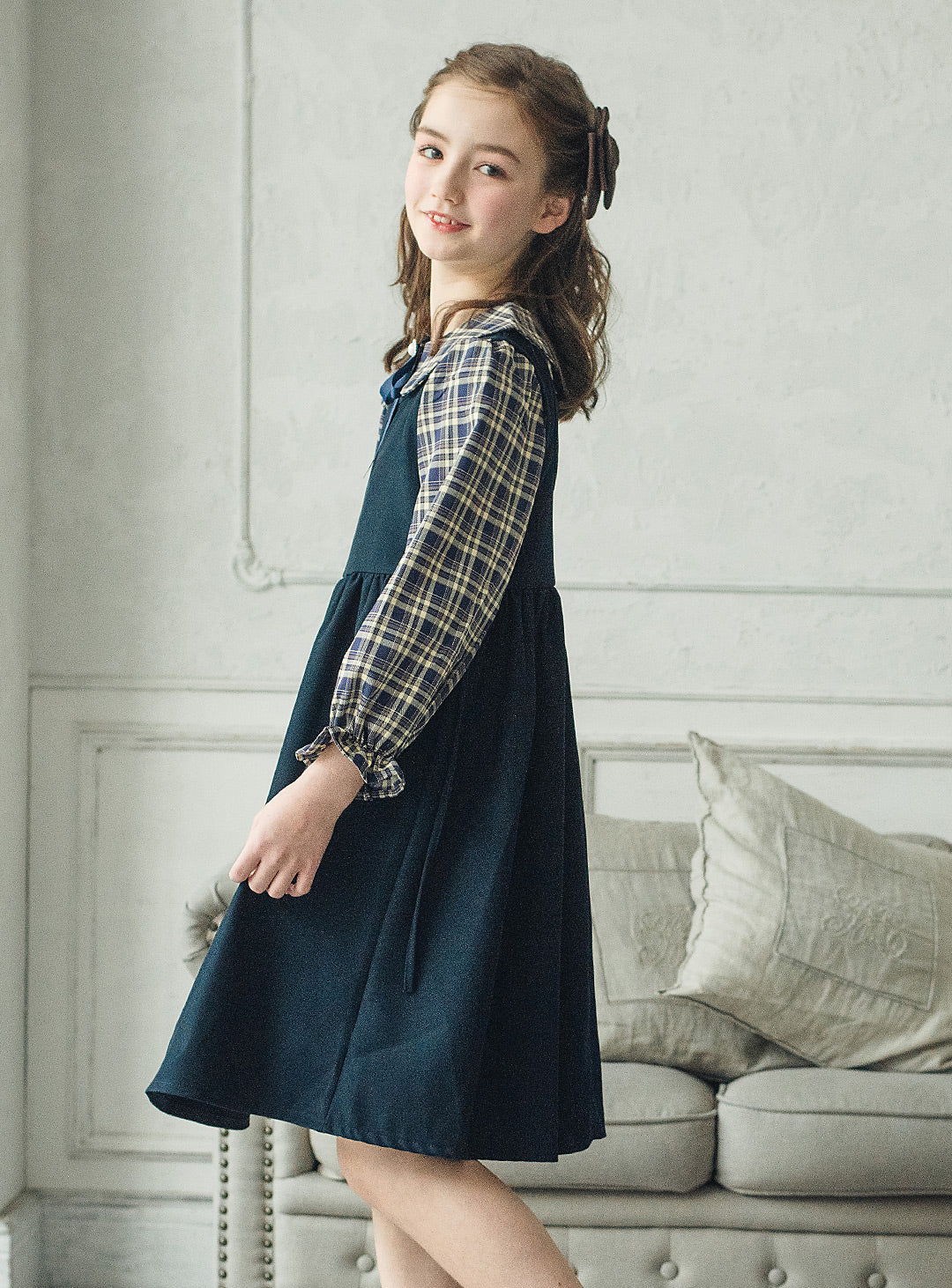 チェックブラウス×ジャンパースカートセットアップ