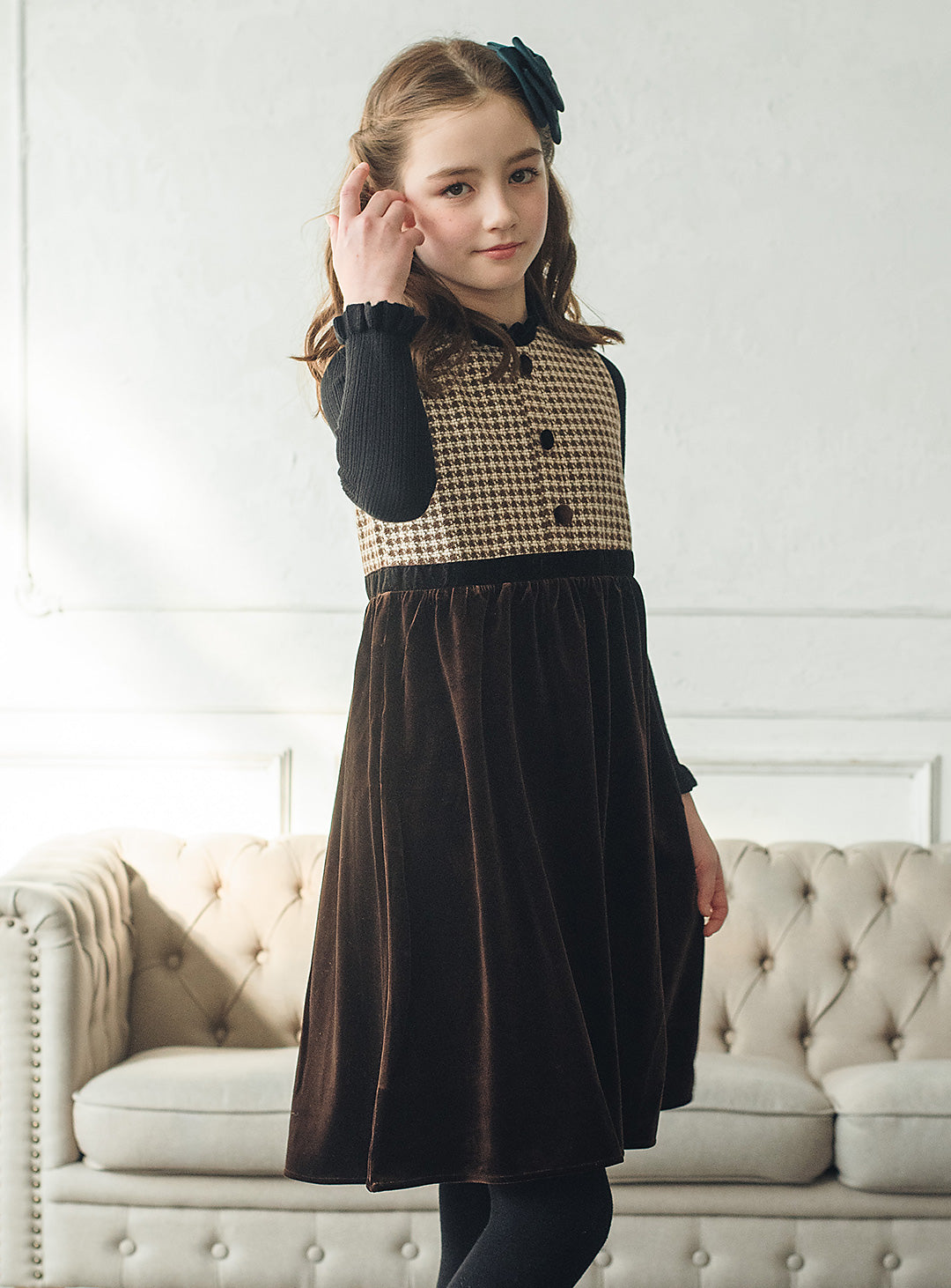 ヘリンボーン×ベロア切り替えワンピース