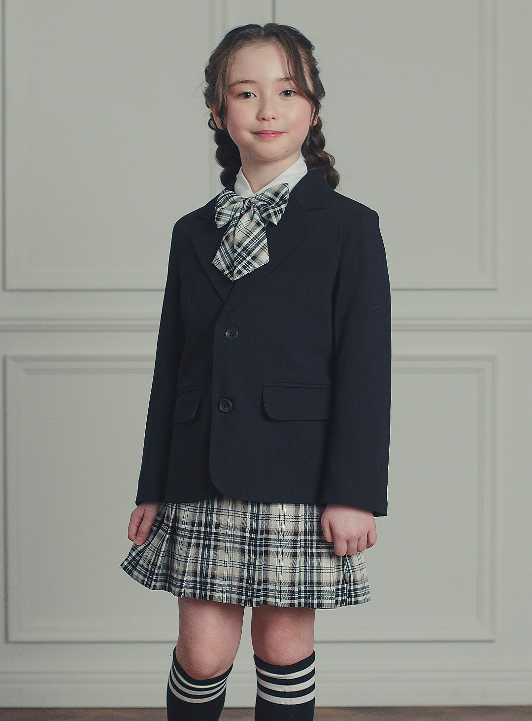 エリスブラックウール混ジャケットチェックスカート2ピースセット(ジャケット、スカート)