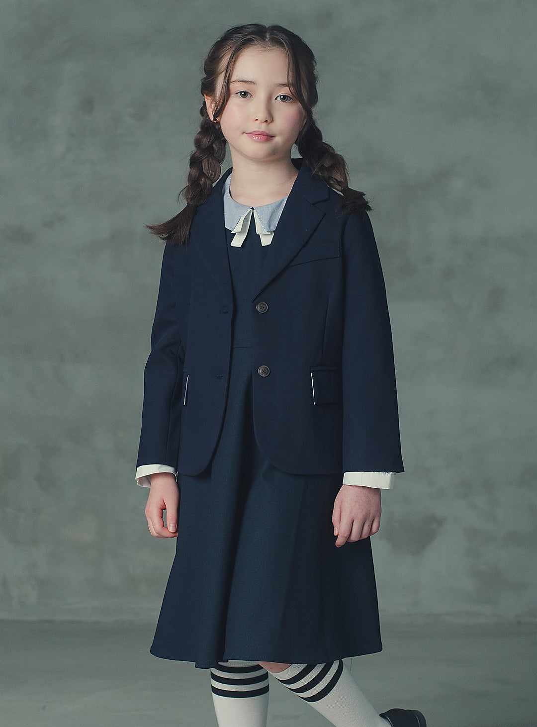 モーブネイビーシングルジャケット＋ネイビーバイカラーフェイクワンピース