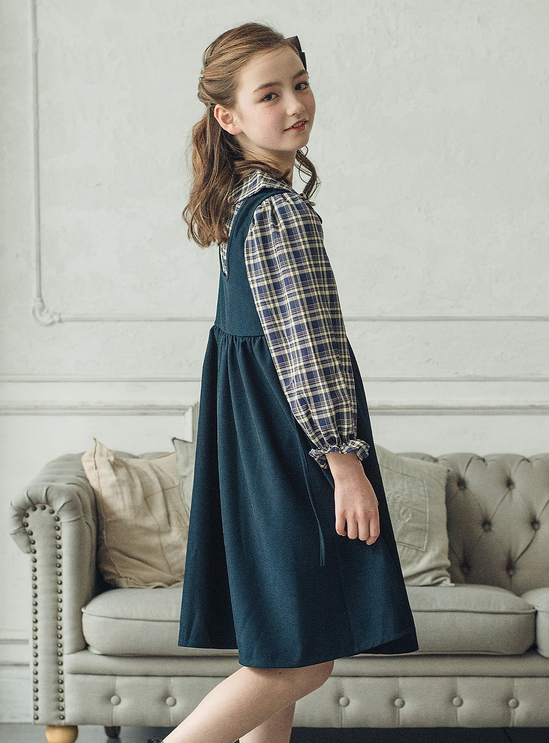 チェックブラウス×ジャンパースカートセットアップ