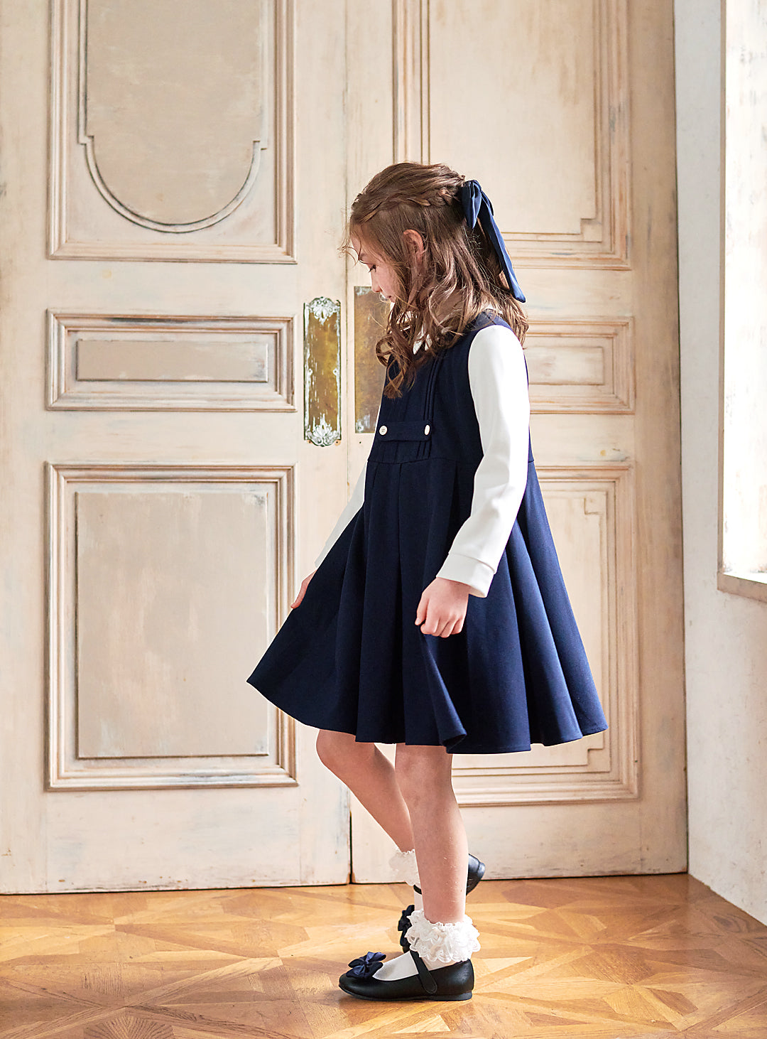 K9095 - Navy and white faux layered dress