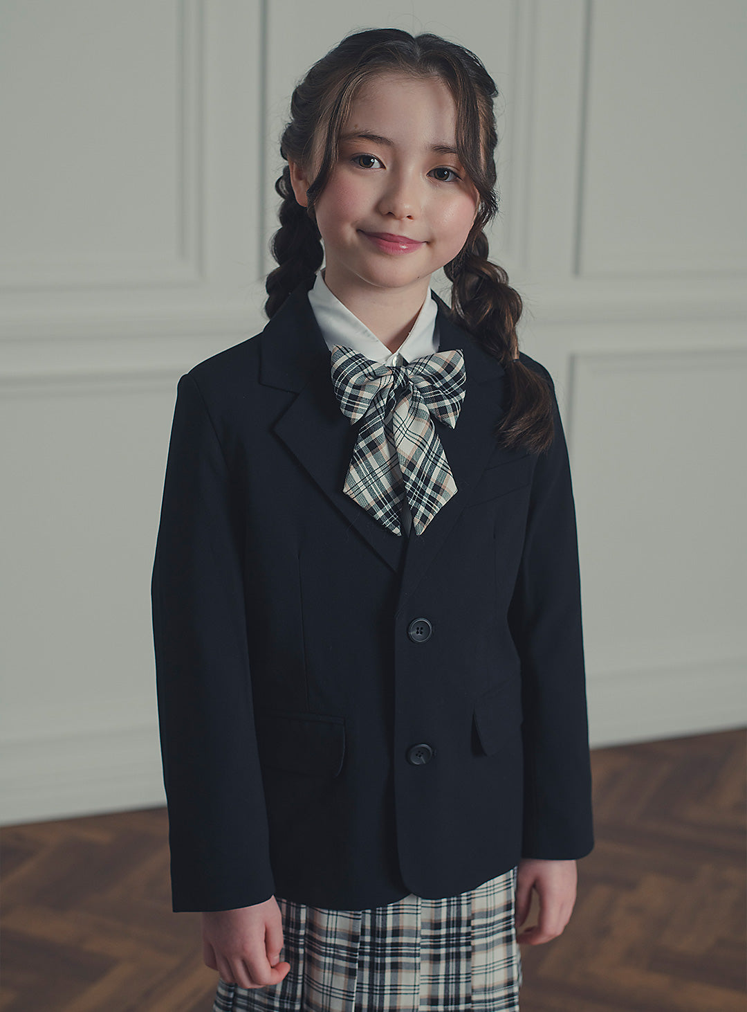 エリスブラックウール混ジャケットチェックスカート2ピースセット(ジャケット、スカート)