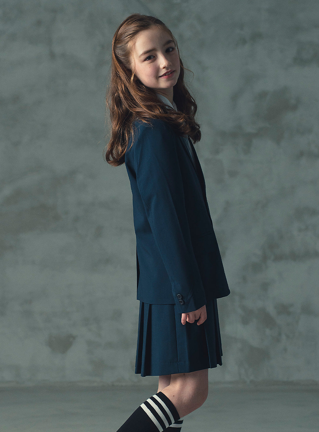 エマネイビーウール混ジャケットプリーツスカート2ピースセット(ジャケット、スカート)