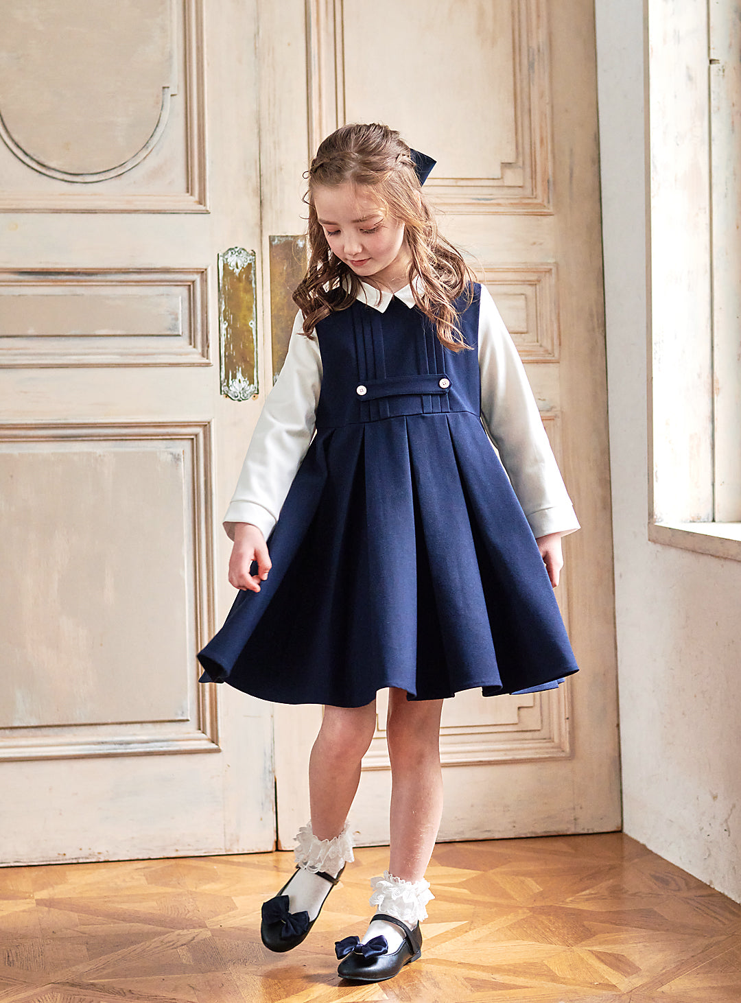 K9095 - Navy and white faux layered dress