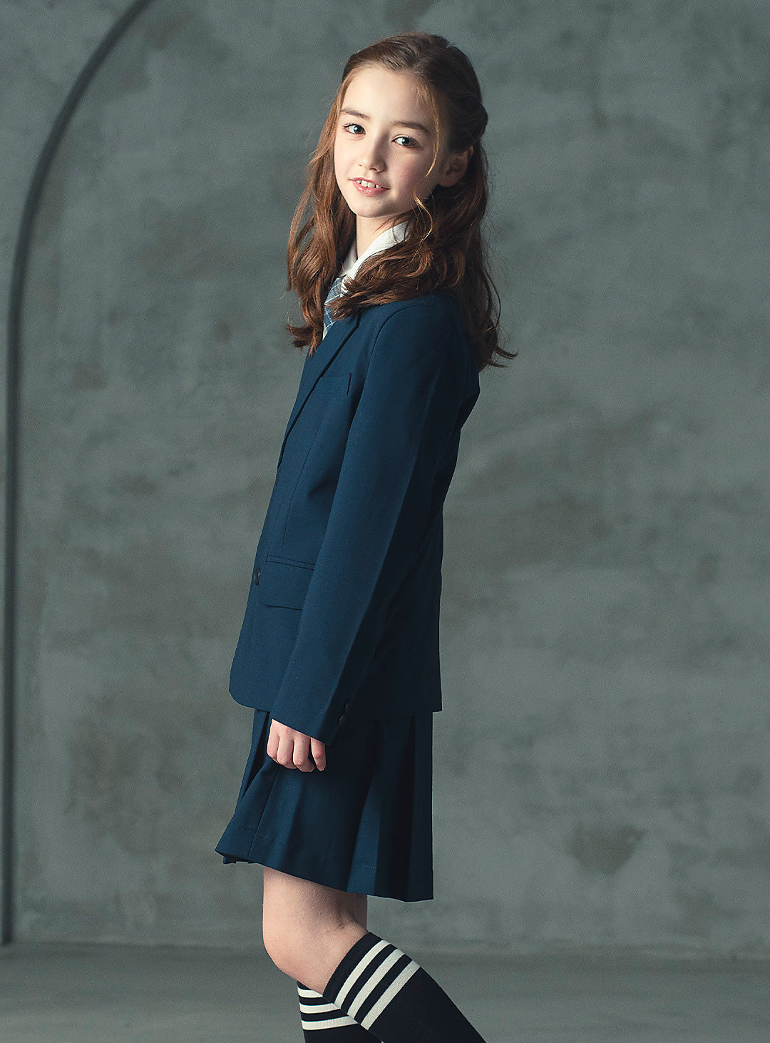 エマネイビーウール混ジャケットプリーツスカート2ピースセット(ジャケット、スカート)