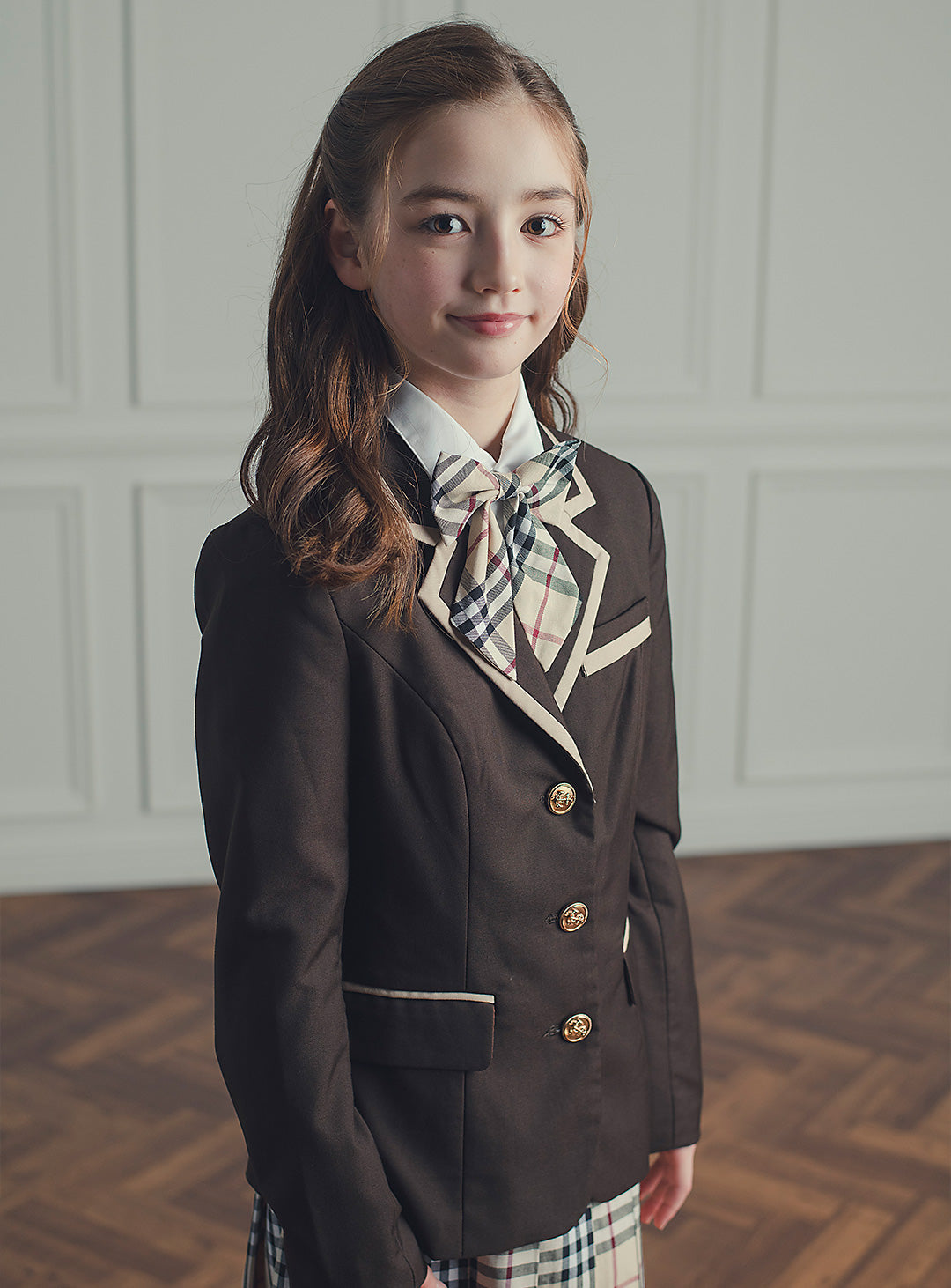 セリーナブラウンパイピングジャケットチェックプリーツスカート2ピースセット(ジャケット、スカート)