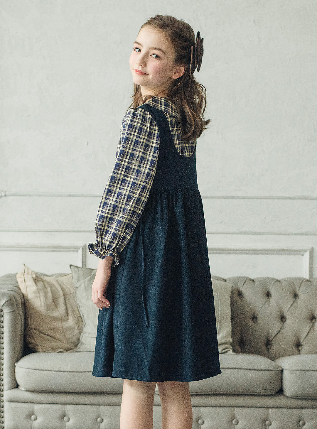 チェックブラウス×ジャンパースカートセットアップ