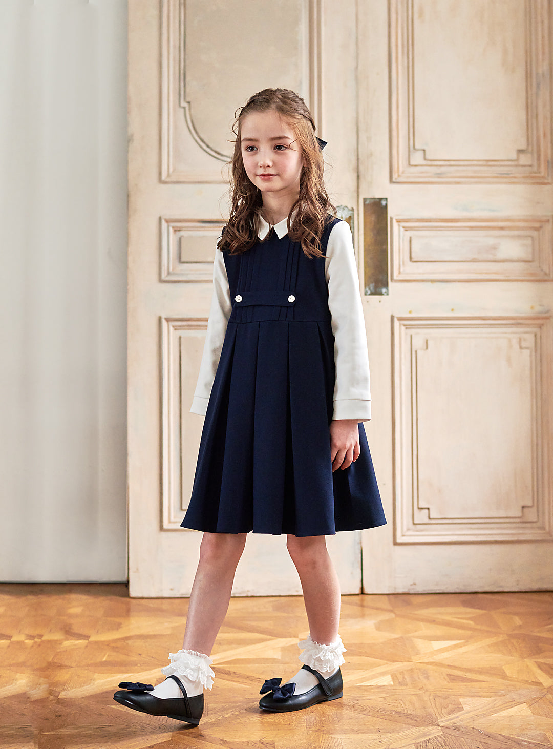 K9095 - Navy and white faux layered dress