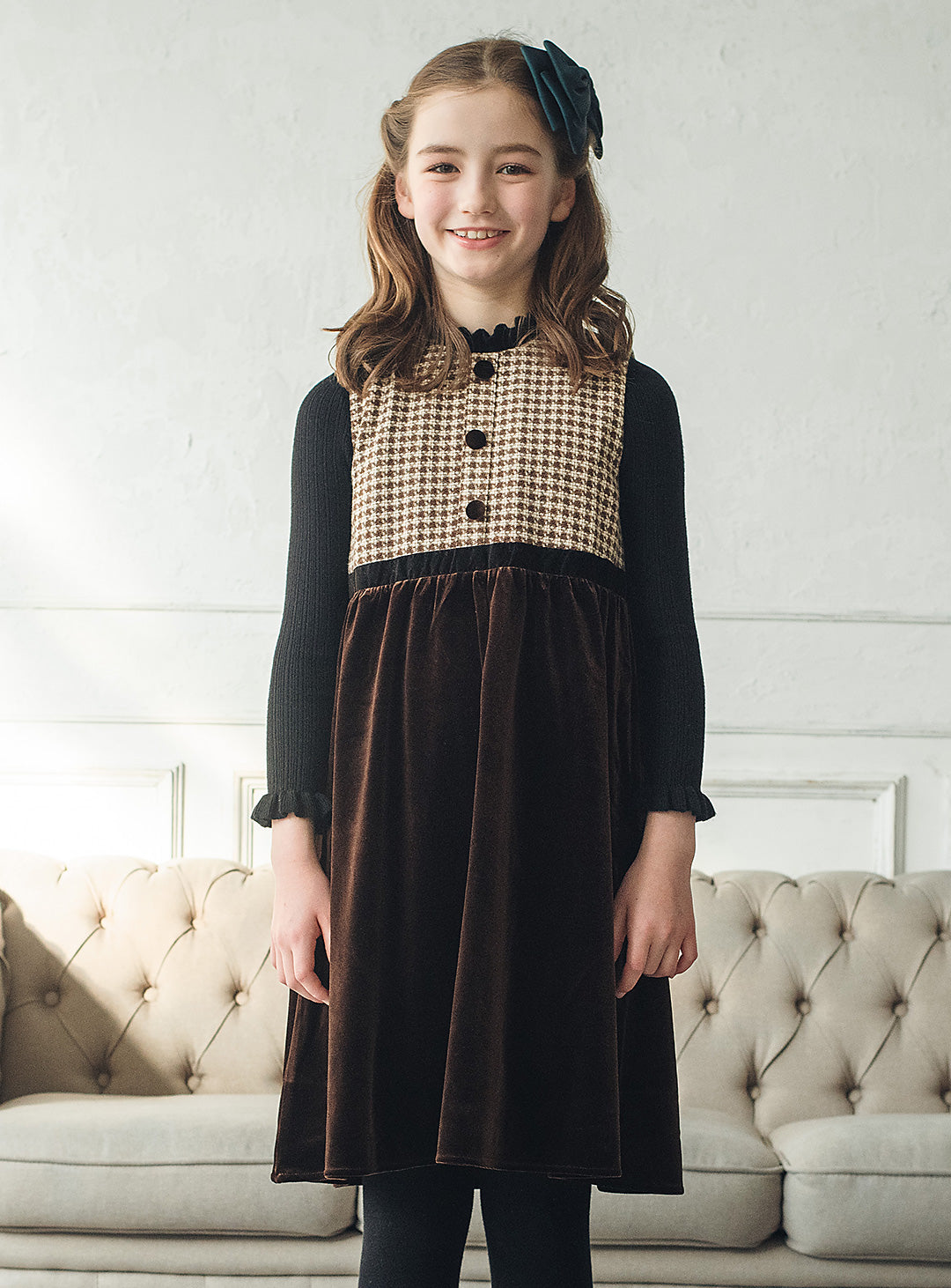 ヘリンボーン×ベロア切り替えワンピース