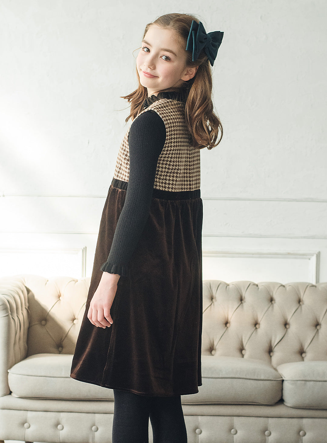 ヘリンボーン×ベロア切り替えワンピース