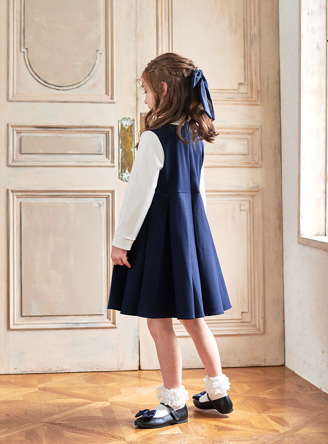 K9095 - Navy and white faux layered dress