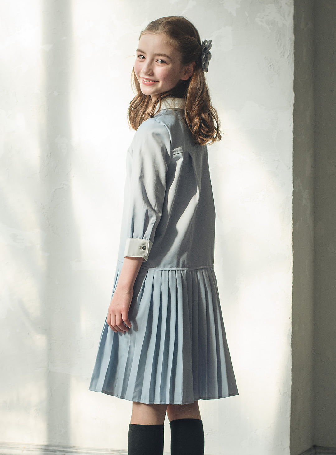 ブルーグレープリーツシャツワンピース