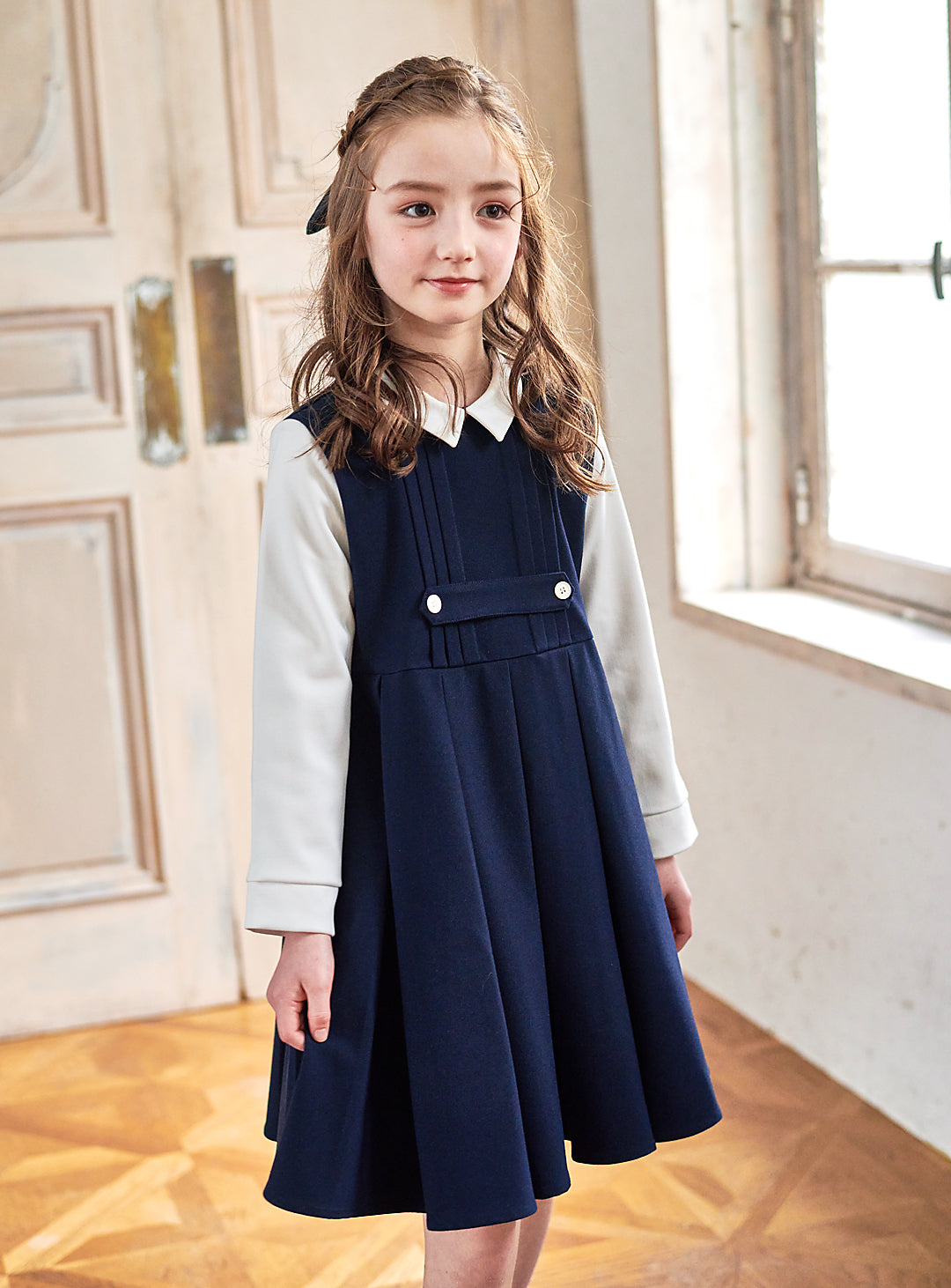 K9095 - Navy and white faux layered dress