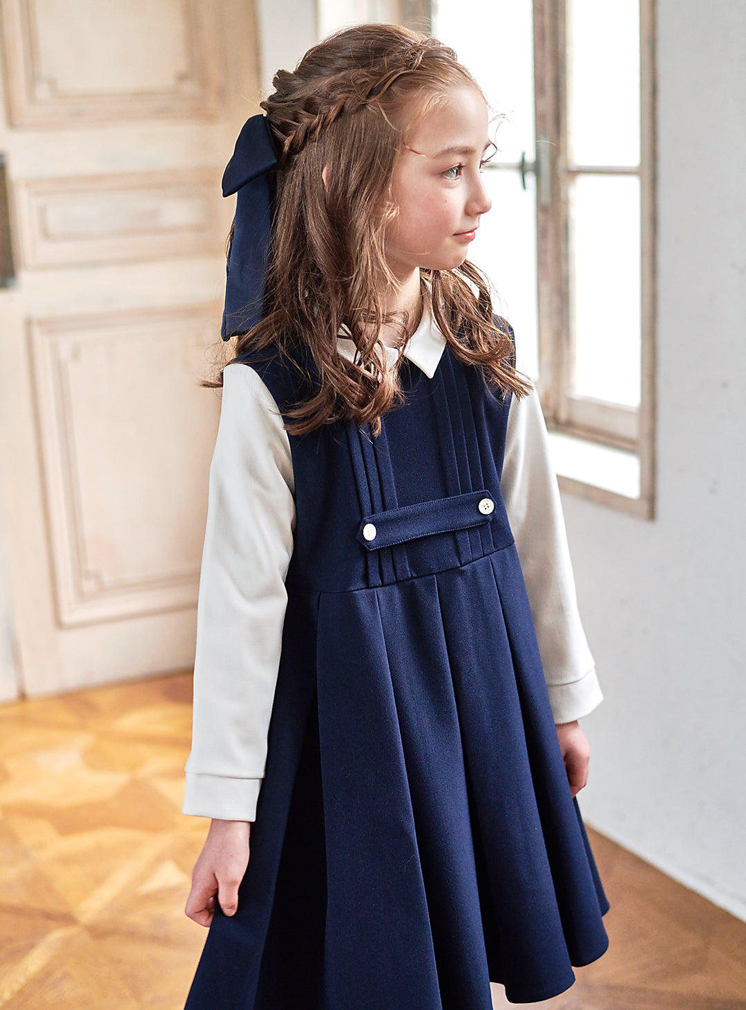 K9095 - Navy and white faux layered dress